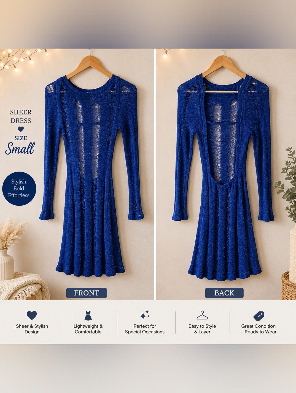 Blue Long-Sleeve Open-Back Knit Dress